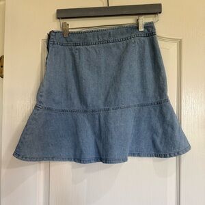 Theory Denim Mini Skirt Size 2 Blue Flare Ruffle Hem Zip Side Lightweight denim